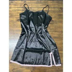 Spoiled Angel Women Black Satin‎ Chemise Pink Lace Trim Nightgown Large Y2K